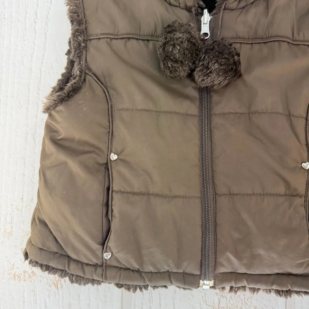 Y2K Faux Fur Hooded Puffer‎ Vest Girls Size 4/5 Brown Pom Pom Winter